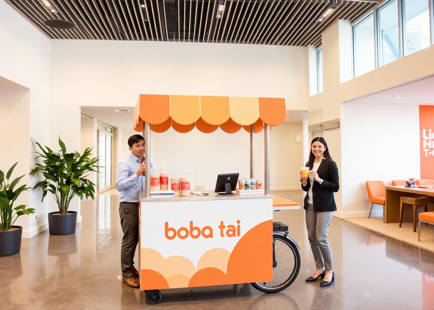 A mobile boba tea cart set up in a bright office lobby with employees holding drinks