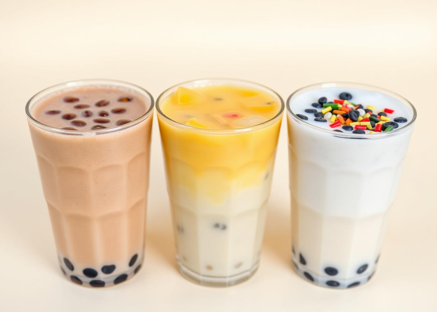 Three bubble tea drinks: brown sugar milk tea, mango fruit tea and taro milk tea