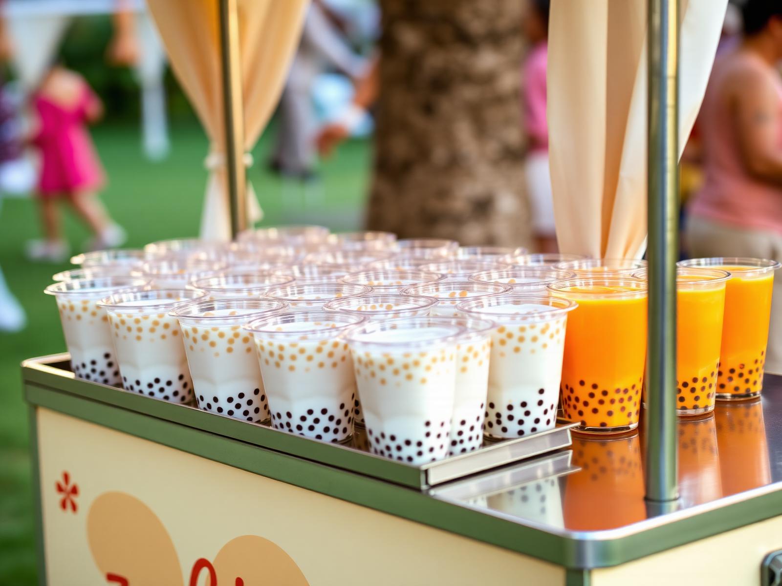 Rows of freshly made boba drinks lined up on a mobile boba bar cart at an outdoor event
