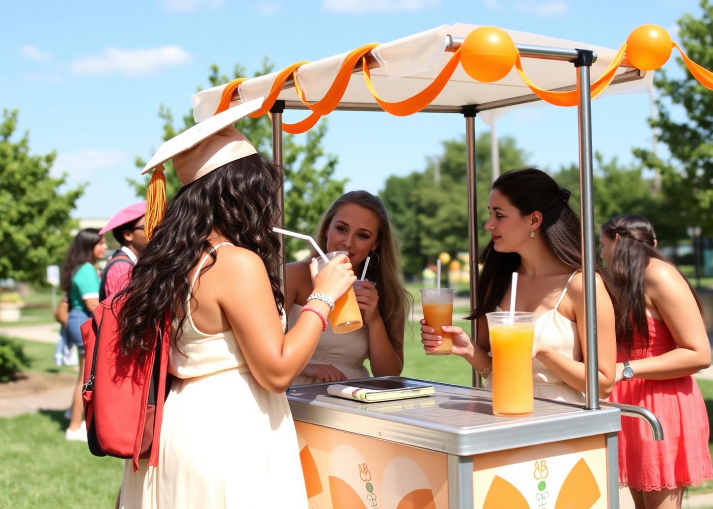 Graduates getting bubble tea from a small catering cart at an outdoor party