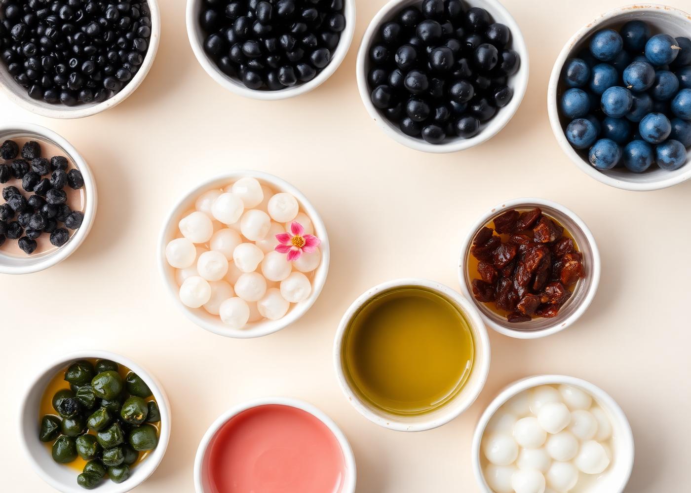 Bowls of boba toppings including tapioca pearls, popping boba, lychee jelly and pudding