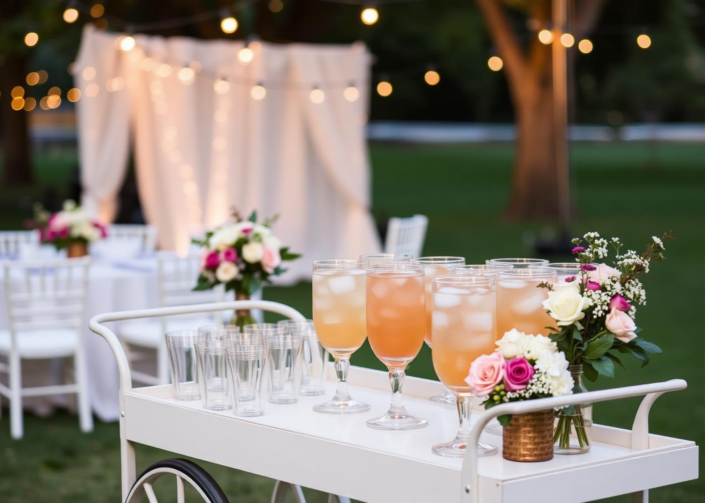 A white drink cart with fresh teas set up at an outdoor wedding reception